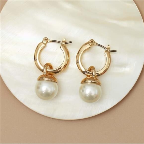 14K Gold-Plated Pearl Hoop Drop Earrings – Lightweight, Hypoallergenic - Picture 2 of 6